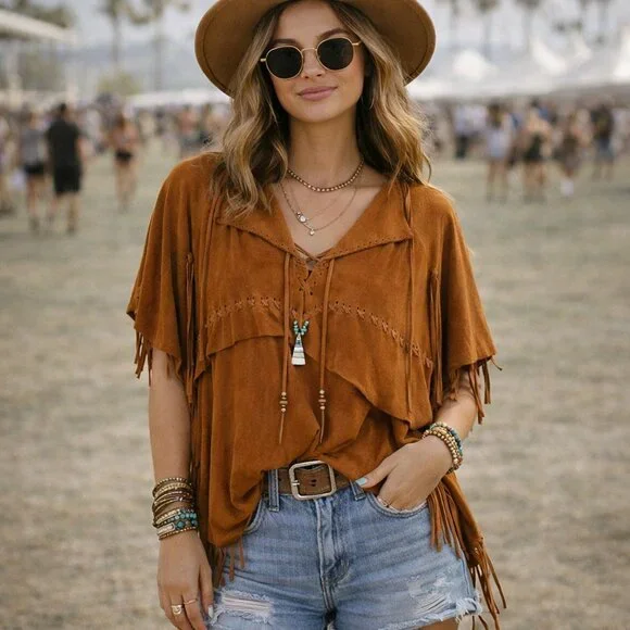 Vintage Rust Suede Fringe Poncho Top with Beaded Detail - Picture 1 of 5